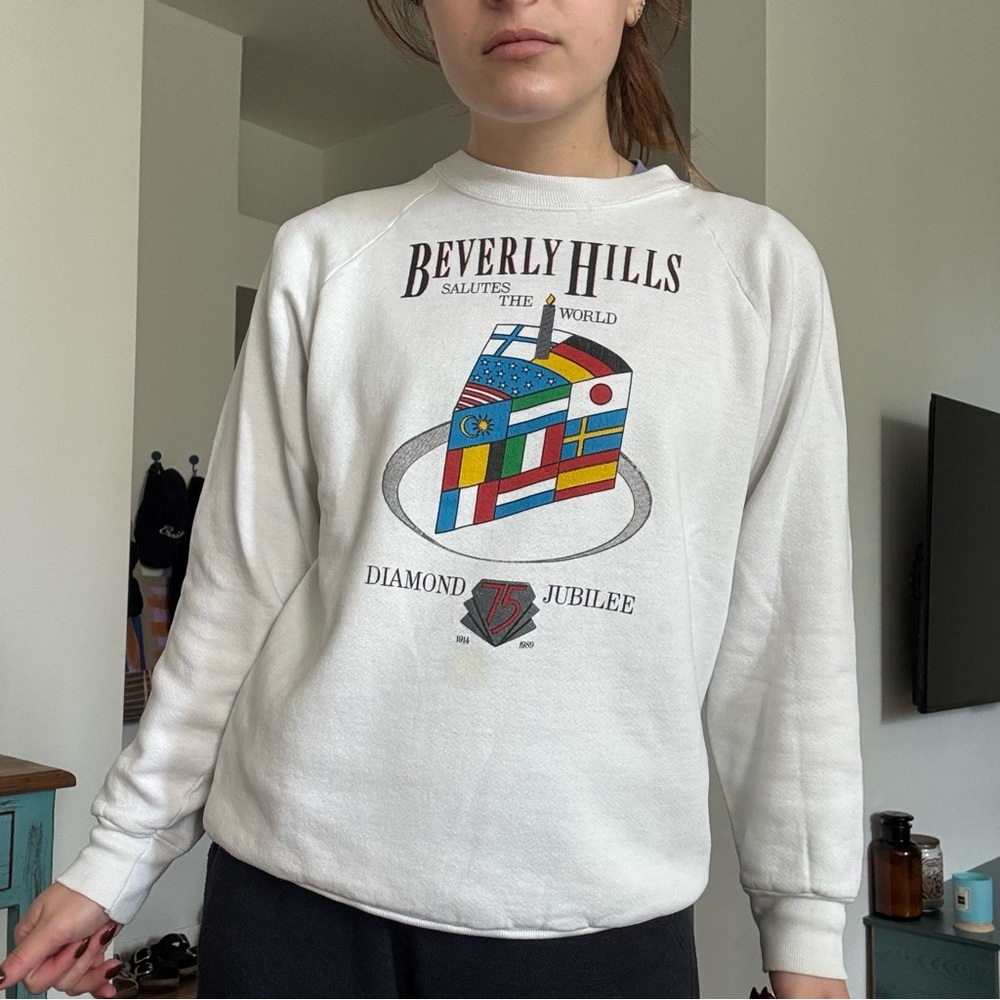 Vintage Beverly Hills Sweatshirt, 100% Cotton, White, Cake Design, 1989, Size Sm